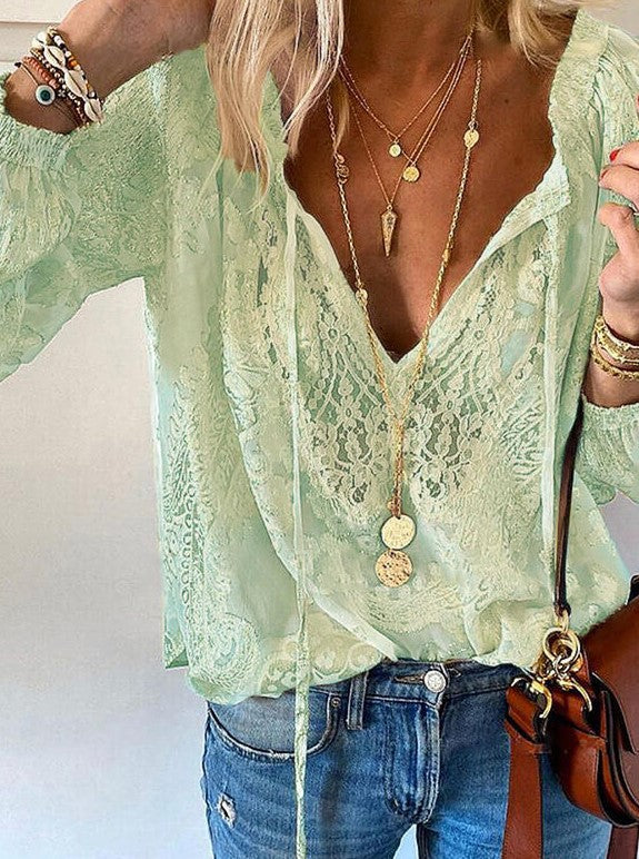 Bellevoga Printed Solid Color Lace Shirt