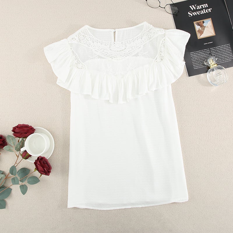 Bellevoga Lace Ruffle Round Neck Top