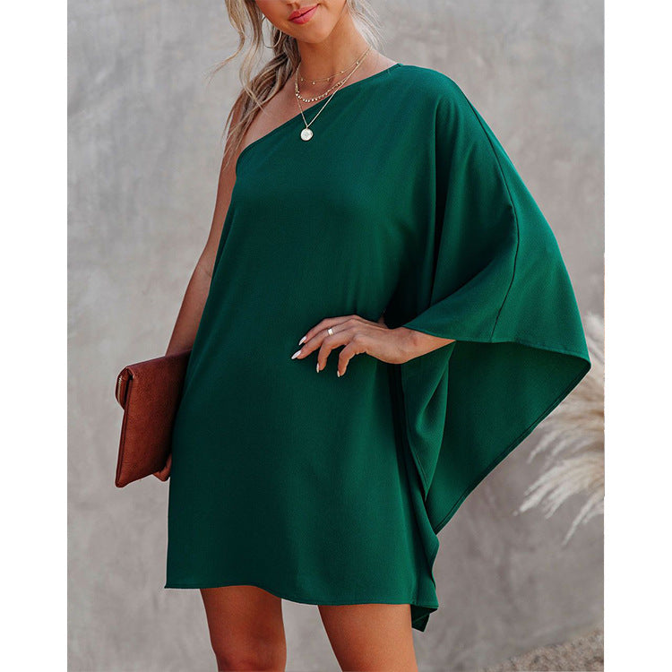 Bellevoga Loose One-shoulder Diagonal Dress(8 colors)