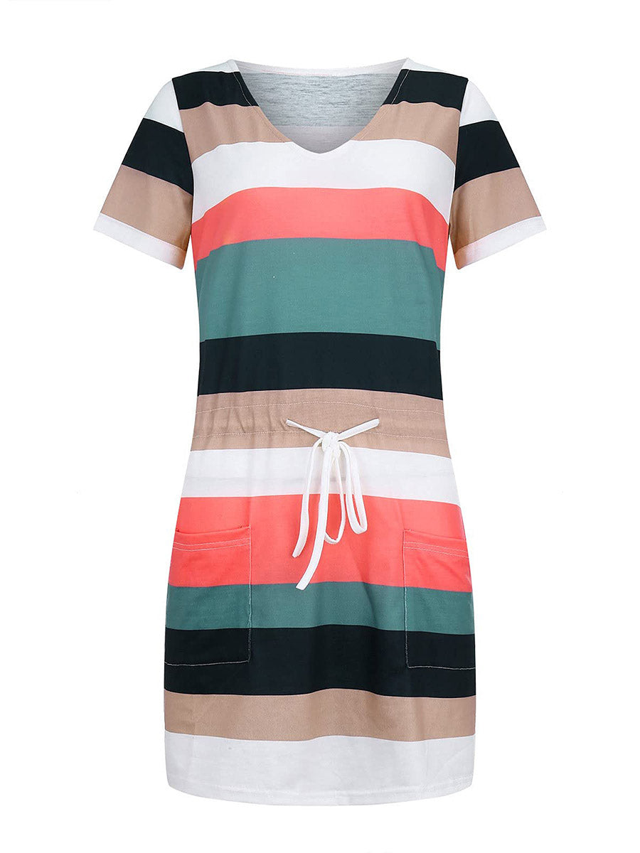 Bellevoga Striped Drawstring Dresses（6 colors）