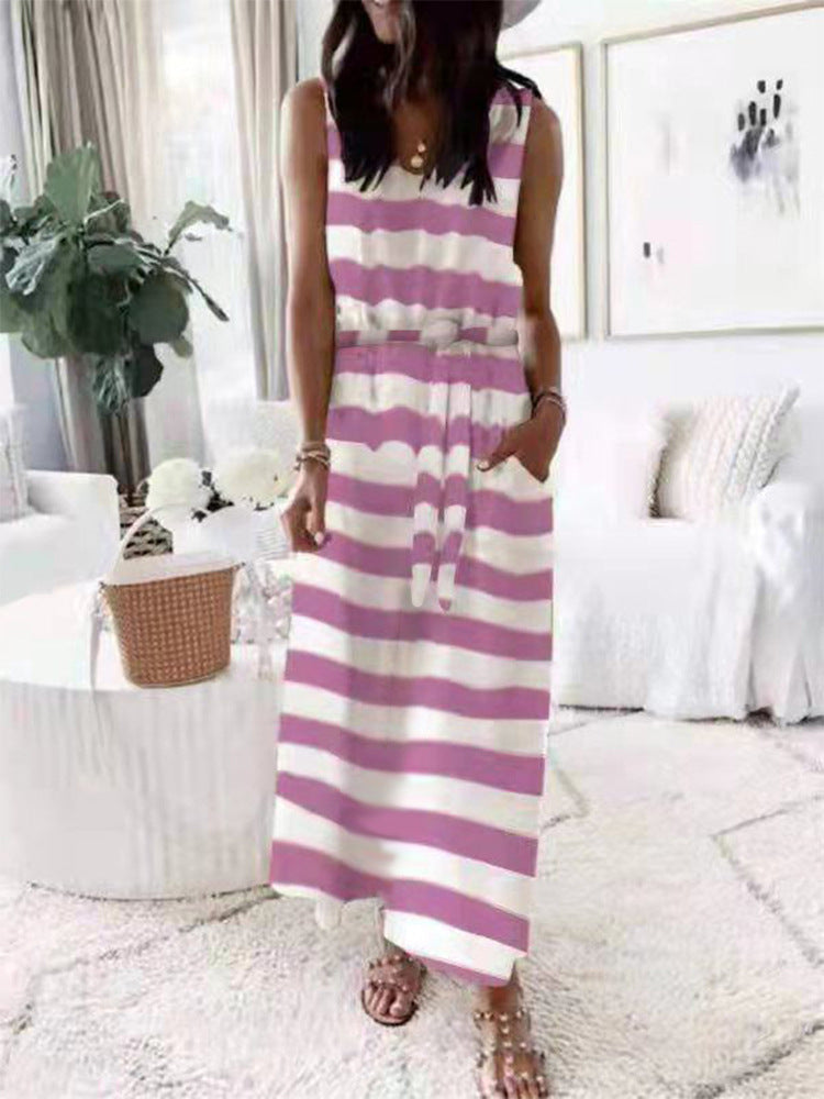 Bellevoga Elastic Waist Sleeveless Casual Maxi Dress