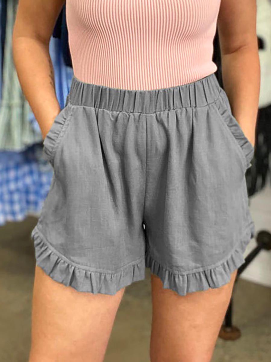 Bellevoga Elastic Waist Wide Leg Ruffle Cotton Linen Shorts