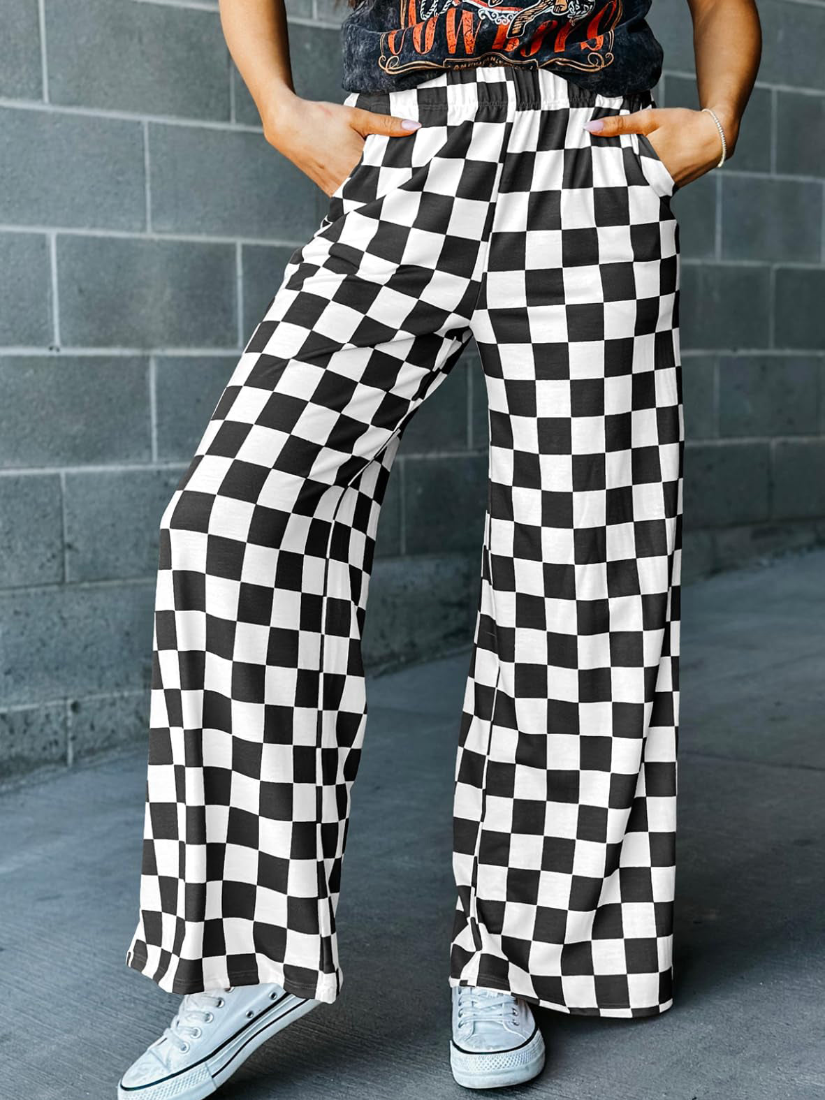 Checkered Print High-Waisted Wide-Leg Pants