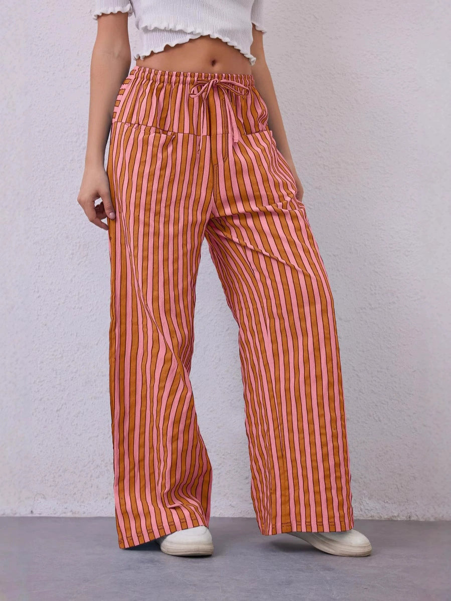 Drawstring Striped Wide-Leg Casual Pants