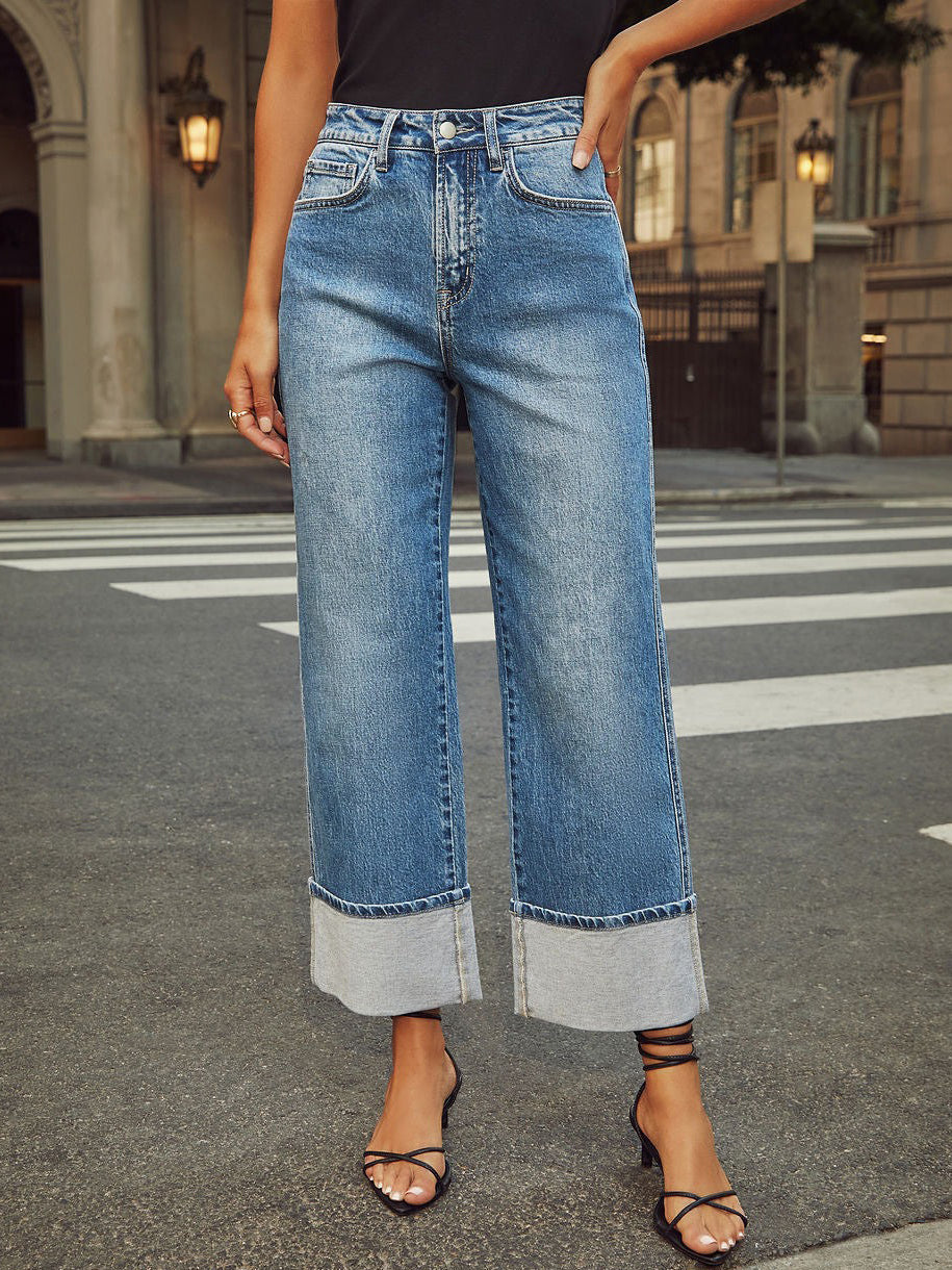 Stretch Straight-Leg Vintage Cuffed High-Waisted Jeans