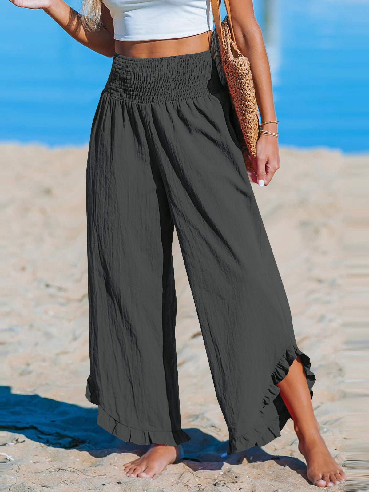 High-Waisted Ruched Irregular Hem Loose Casual Pants