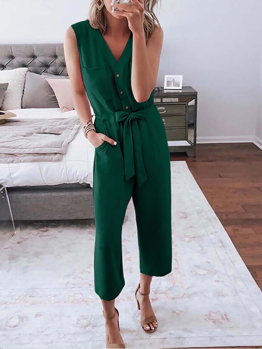 Bellevoga Buttoned Sleeveless Cropped Jumpsuit With Sash