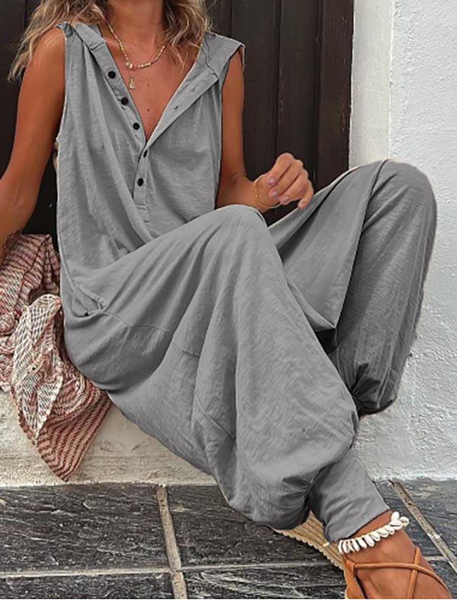 Bellevoga Buttoned Hooded Sleeveless Pants Jumpsuit