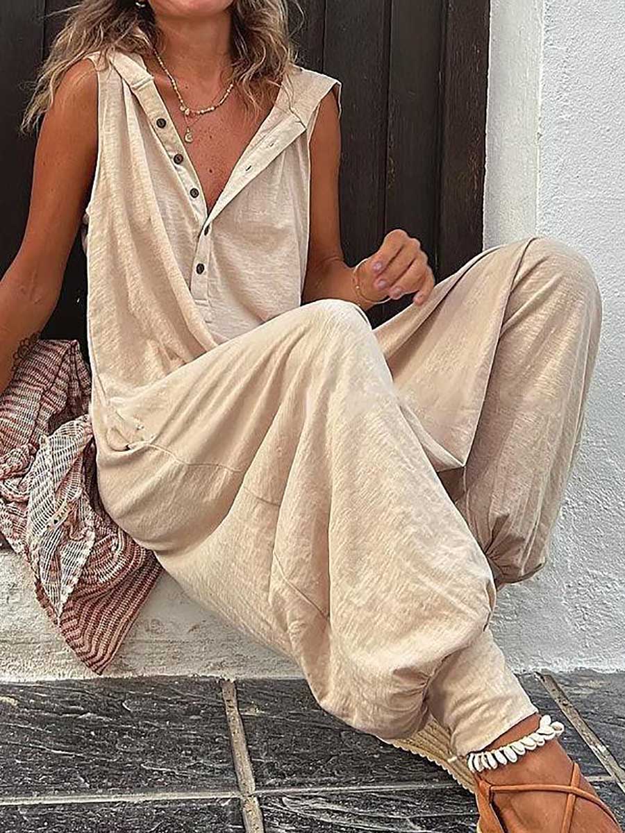 Bellevoga Buttoned Hooded Sleeveless Pants Jumpsuit