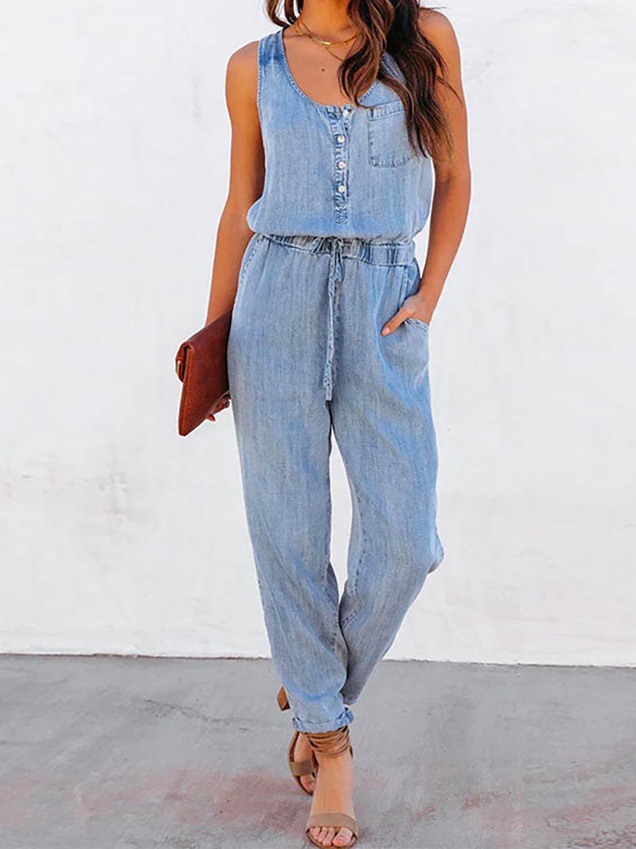 Bellevoga Drawstring Waist Distressed Denim Tank Jumpsuit