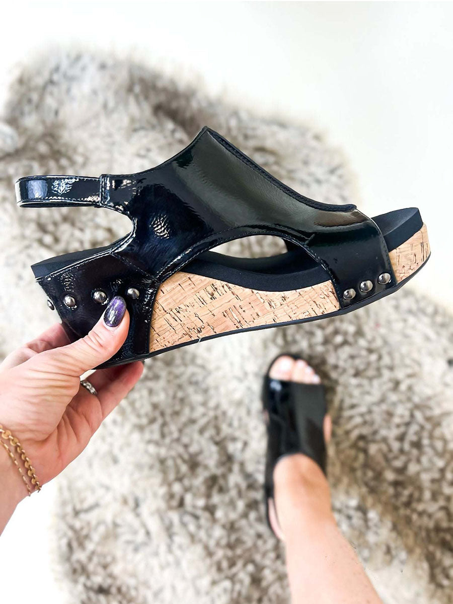 Bellevoga Black Patent Wedge Sandals