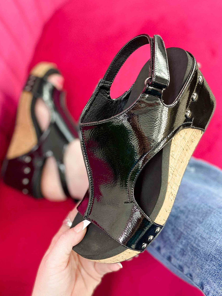 Bellevoga Black Patent Wedge Sandals