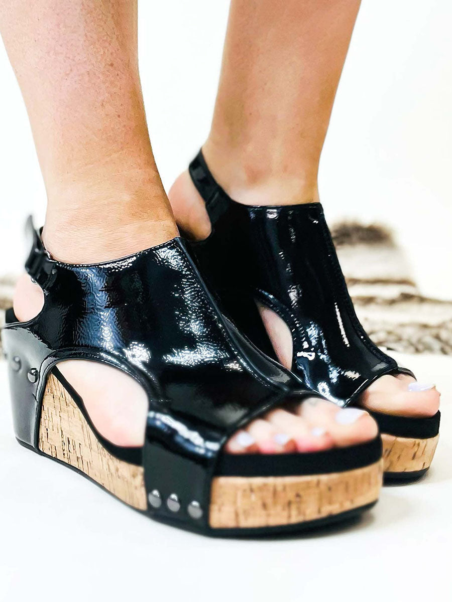 Bellevoga Black Patent Wedge Sandals