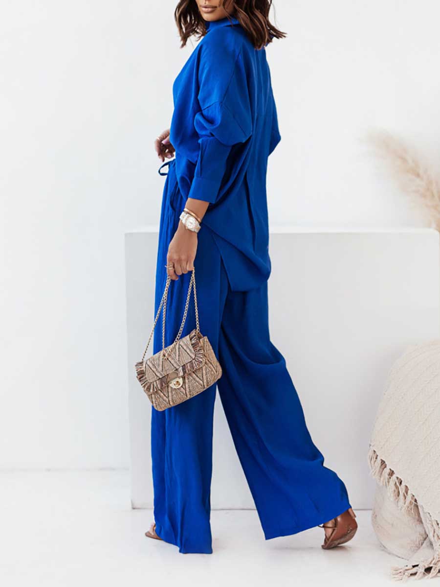 Bellevoga Loose Stretch Wrinkle Long Sleeve Shirt Wide Leg Pants Casual Suit