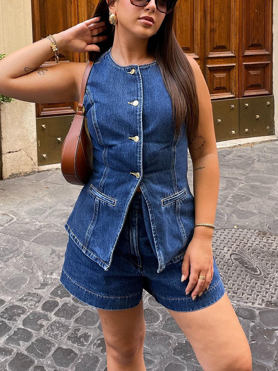 Summer fashion sleeveless casual high-waisted denim shorts suit