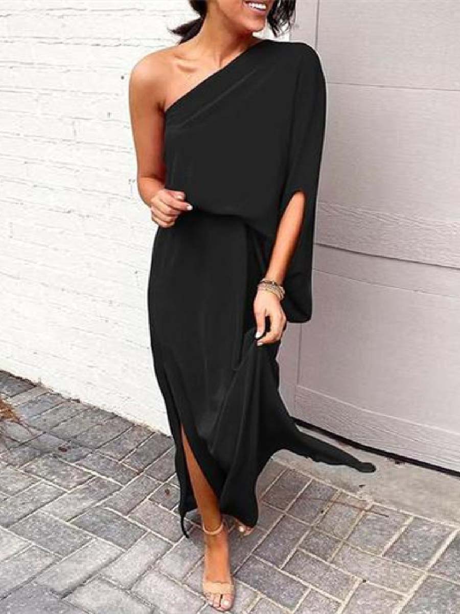 Bellevoga One-shoulder Bat Sleeve Loose Maxi Dress