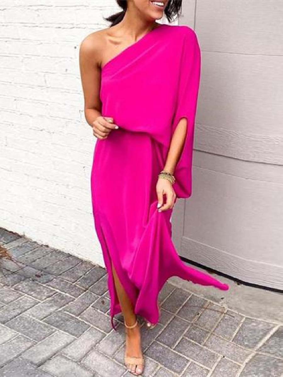 Bellevoga One-shoulder Bat Sleeve Loose Maxi Dress