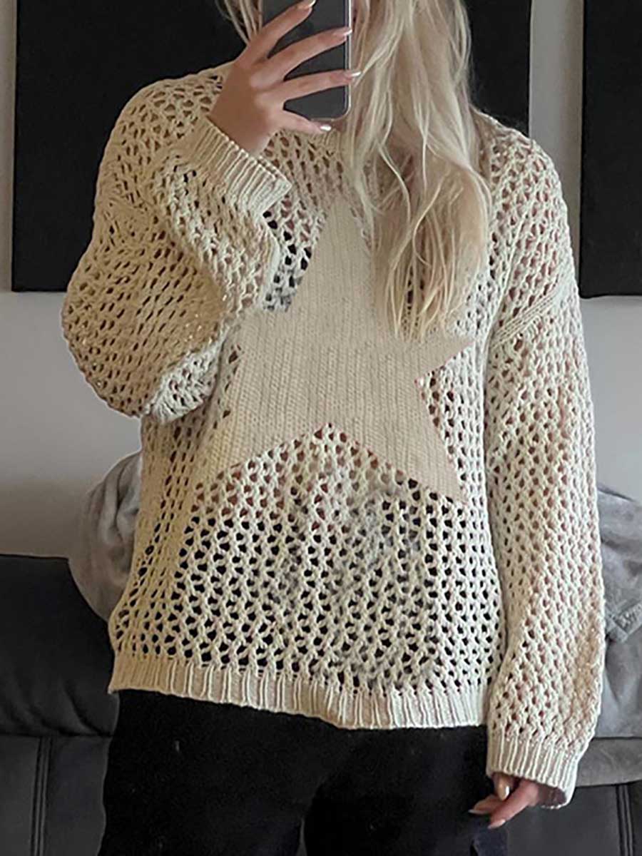 Bellevoga Slouchy Style Star Loose Long Sleeve Knit Sweater