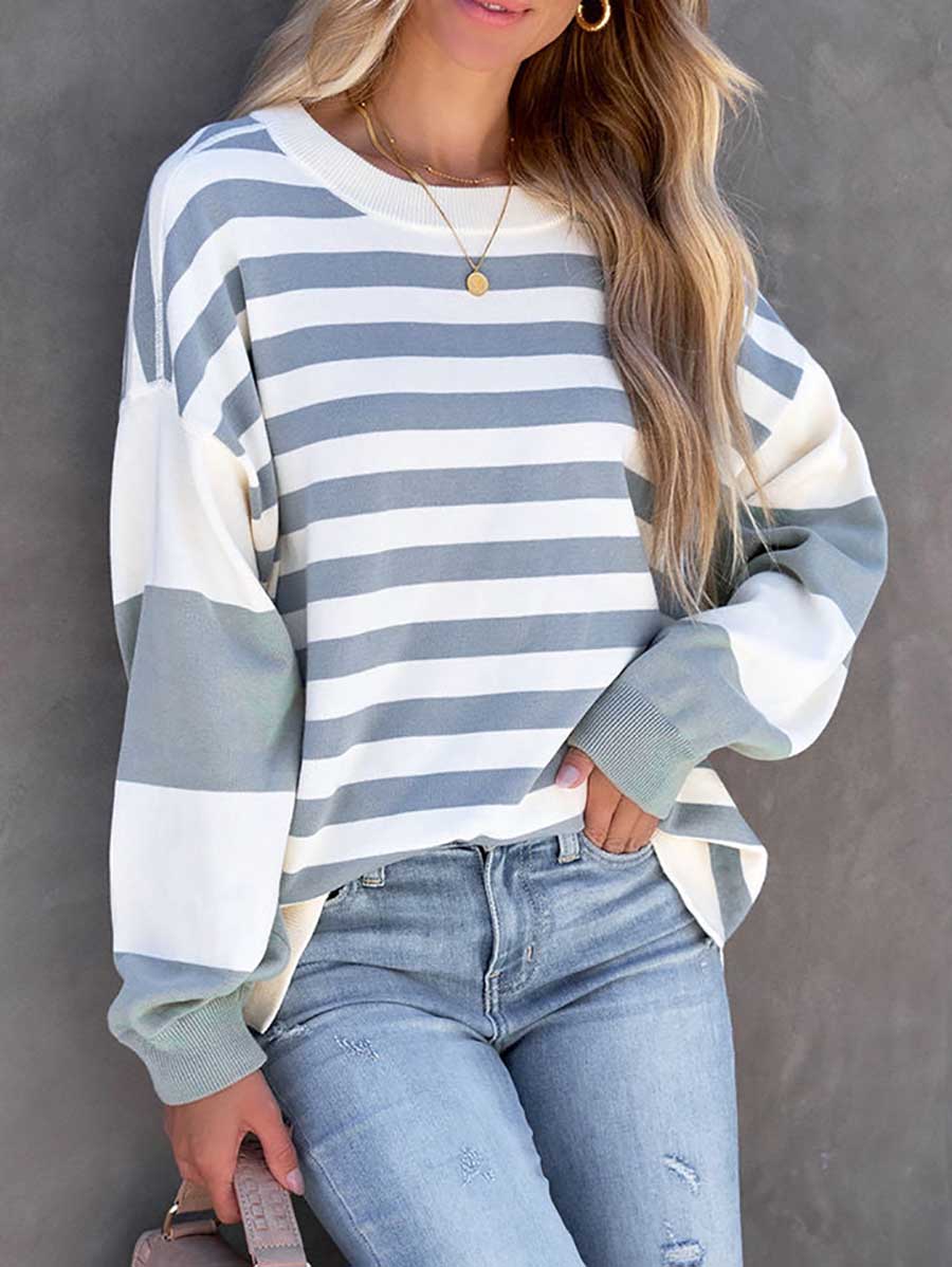 Bellevoga Striped Printed Loose Color Clash Sweatshirt