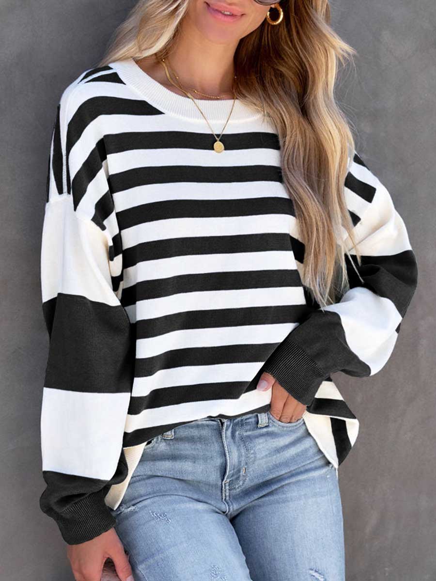 Bellevoga Striped Printed Loose Color Clash Sweatshirt