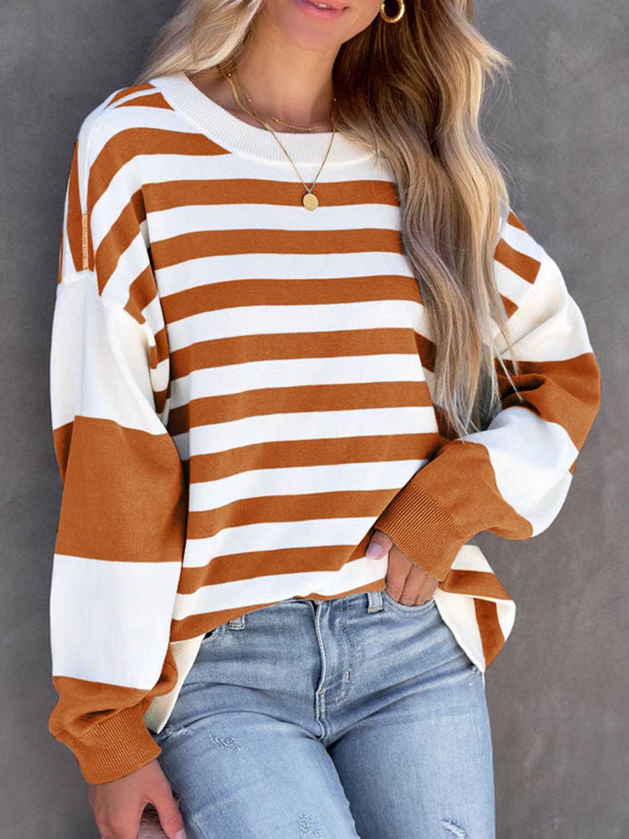 Bellevoga Striped Printed Loose Color Clash Sweatshirt