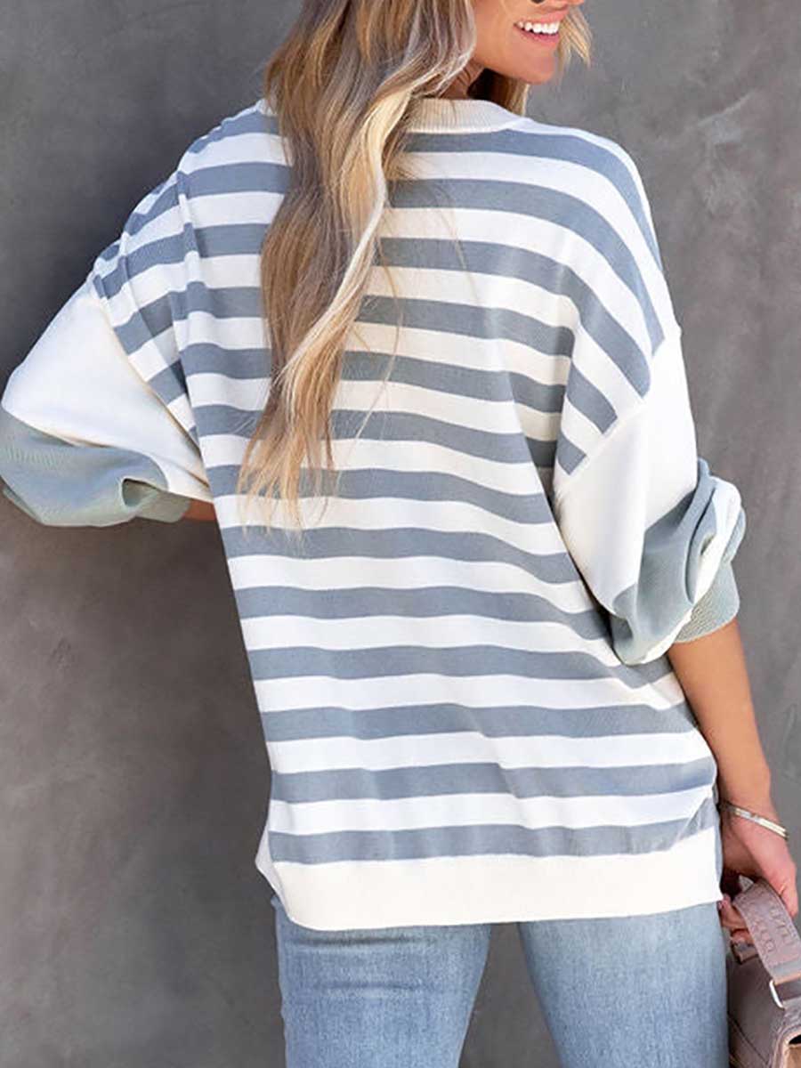 Bellevoga Striped Printed Loose Color Clash Sweatshirt