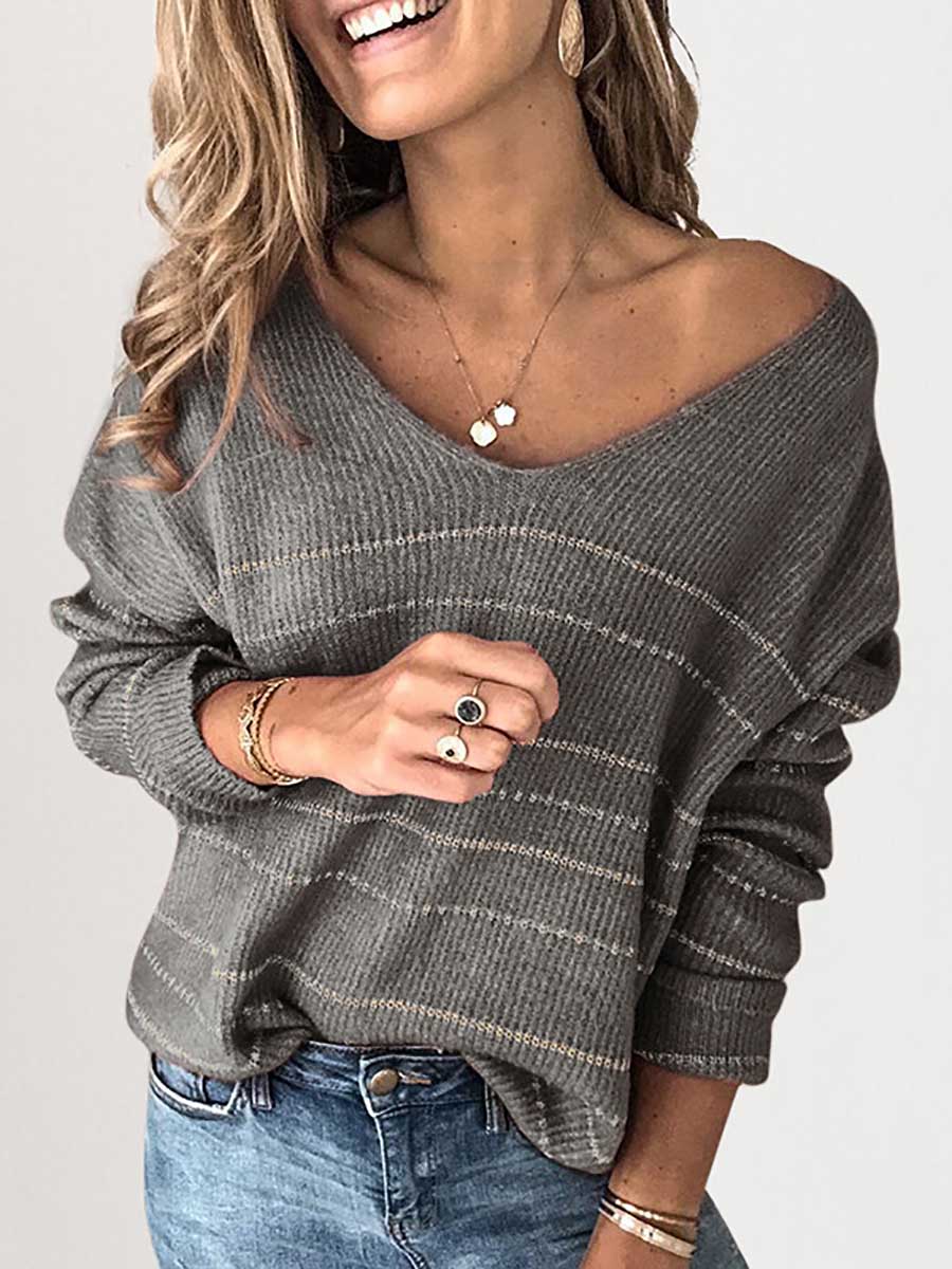 Bellevoga Solid Color Knit Sweater Casual Striped V-Neck Top