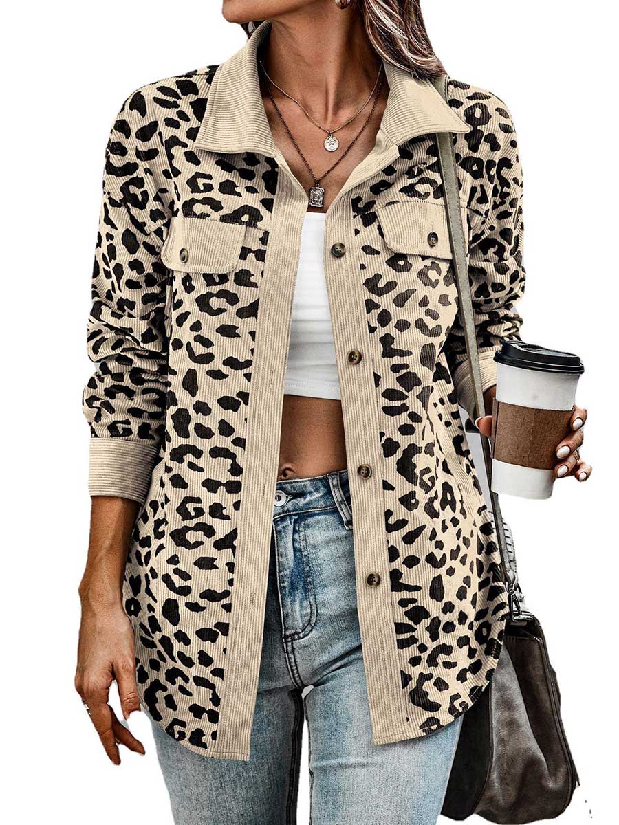 Bellevoga Corduroy Leopard Pocket Button Long Sleeve Women's Jacket