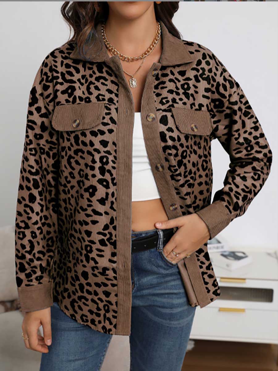 Bellevoga Corduroy Leopard Pocket Button Long Sleeve Women's Jacket