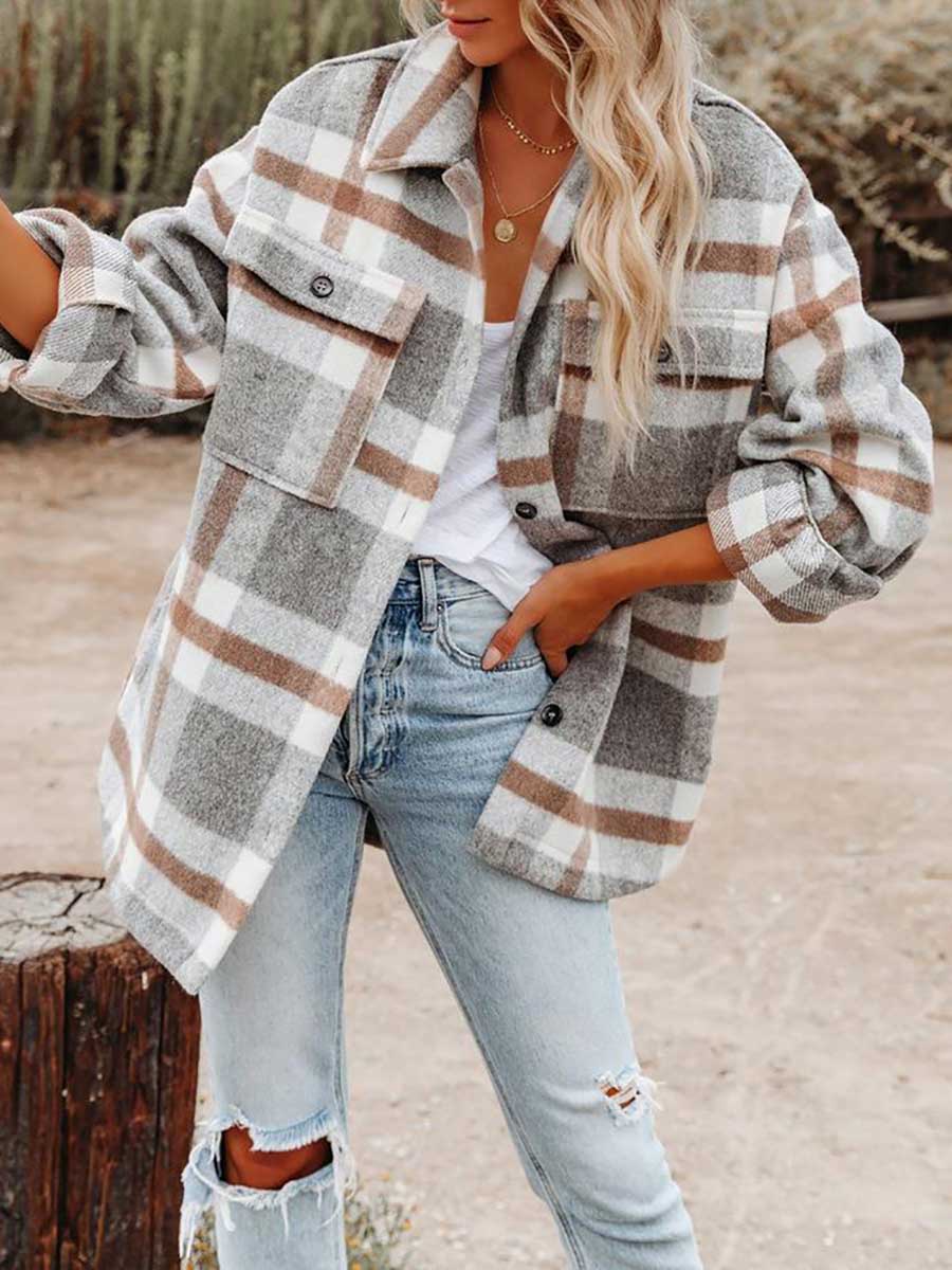 Bellevoga Autumn and Winter Long-sleeved Lapel Loose Plaid Thickened Tweed Jacket