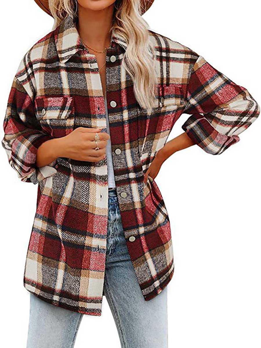 Bellevoga Autumn and Winter Long-sleeved Lapel Loose Plaid Thickened Tweed Jacket