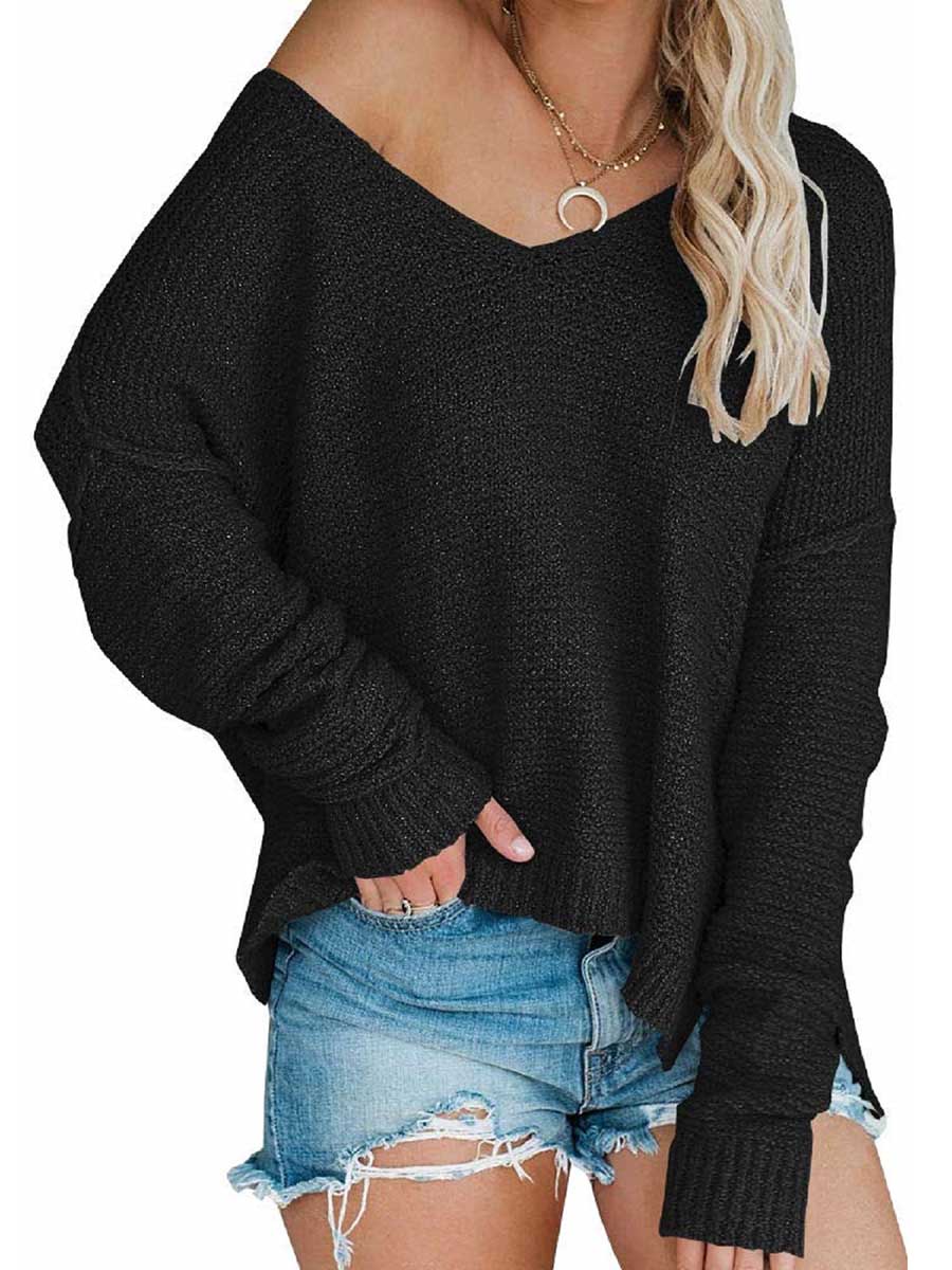 Bellevoga Strapless Knit Sweater Oversized Long Sleeve Sexy V-Neck Loose Pullover