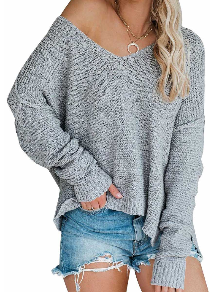 Bellevoga Strapless Knit Sweater Oversized Long Sleeve Sexy V-Neck Loose Pullover