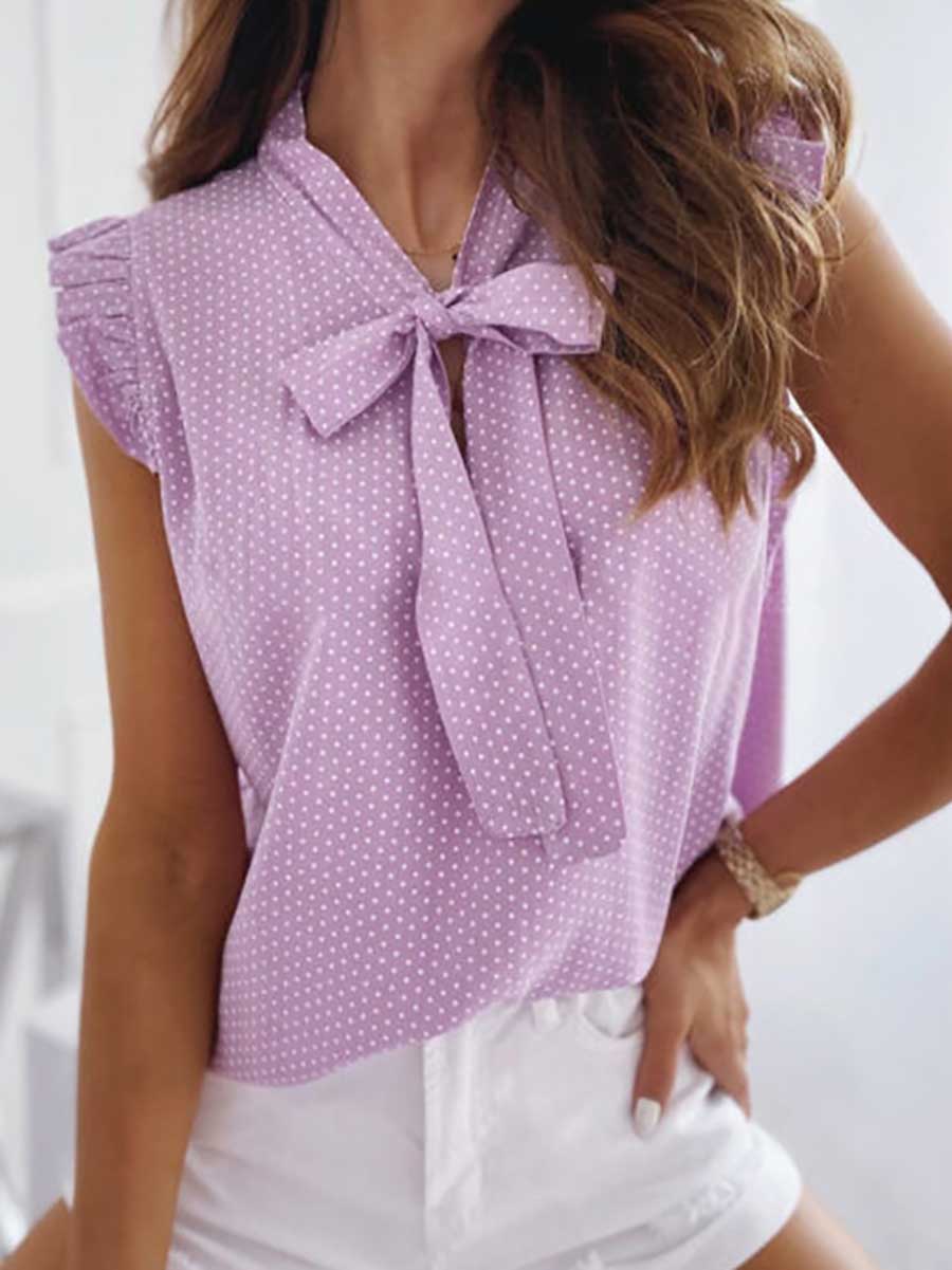 Bellevoga Polka Dot Bow Neck Sleeveless Blouse Top