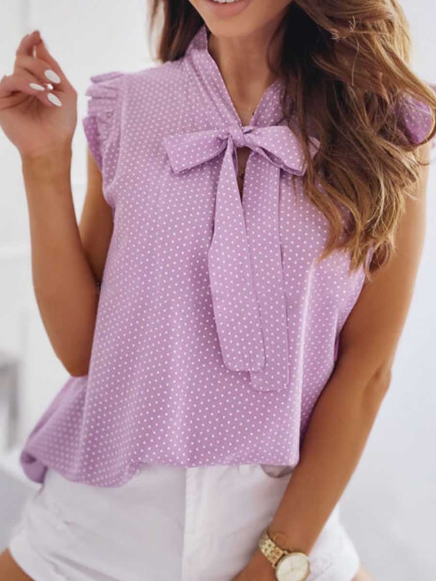 Bellevoga Polka Dot Bow Neck Sleeveless Blouse Top