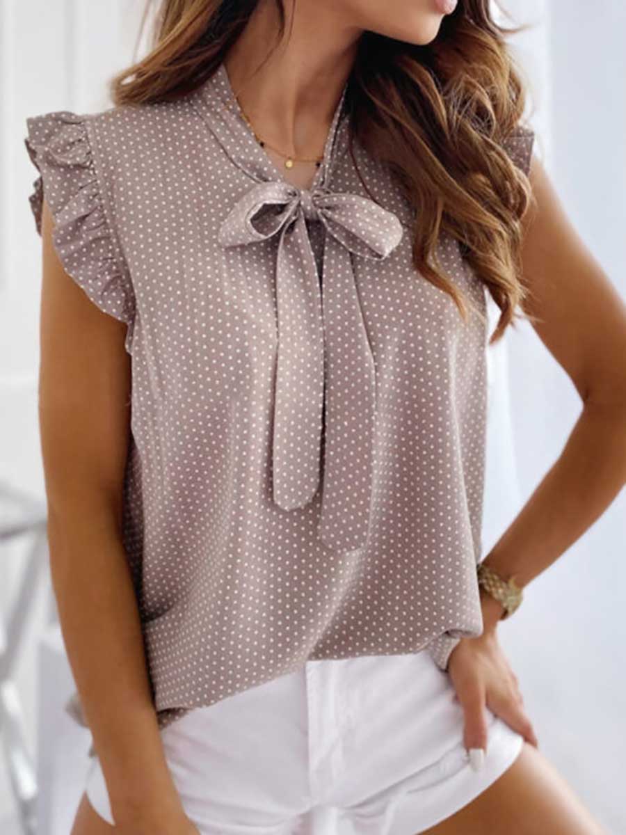 Bellevoga Polka Dot Bow Neck Sleeveless Blouse Top