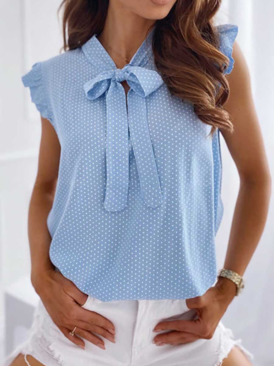 Bellevoga Polka Dot Bow Neck Sleeveless Blouse Top