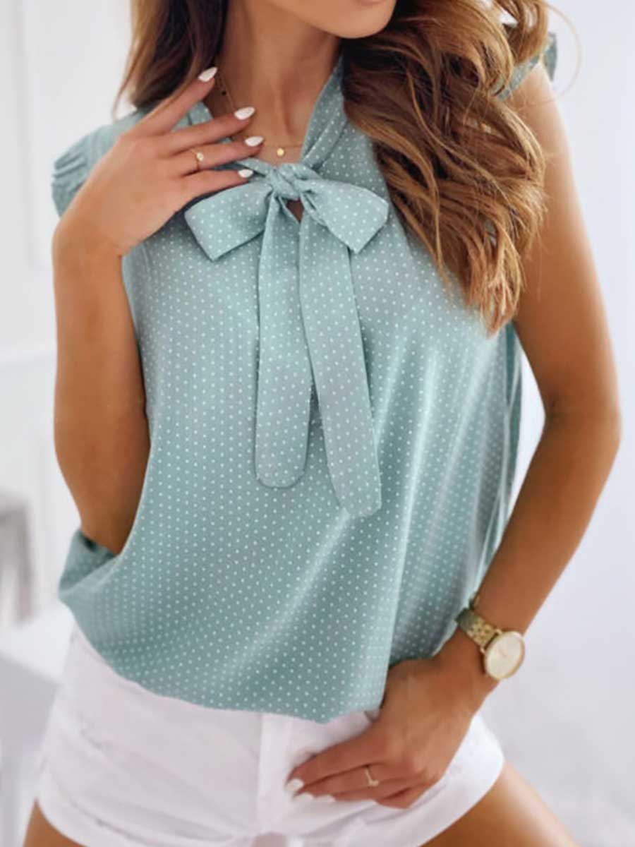 Bellevoga Polka Dot Bow Neck Sleeveless Blouse Top