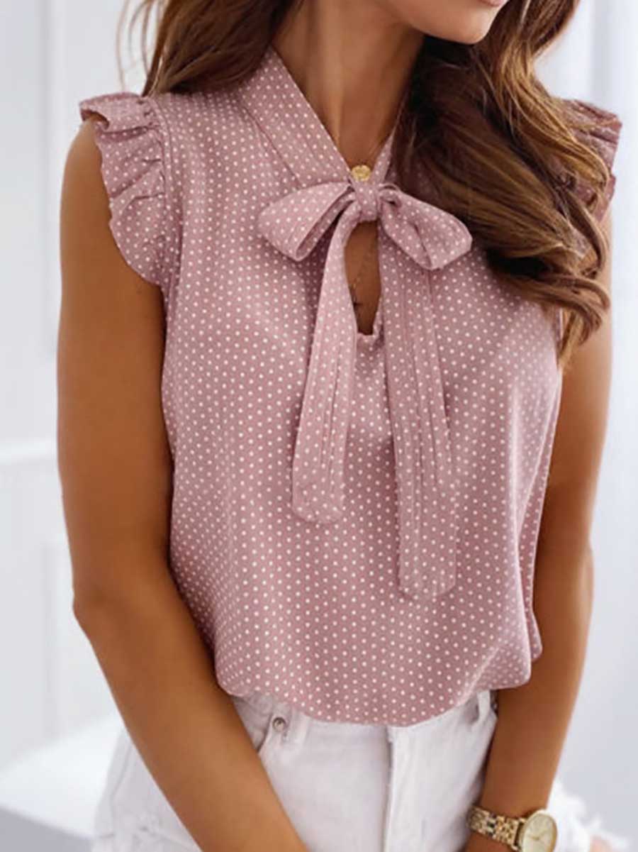 Bellevoga Polka Dot Bow Neck Sleeveless Blouse Top