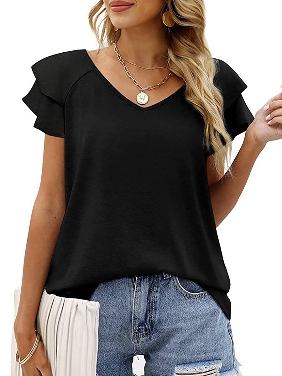 Bellevoga Peach Heart Collar Ruffle T-Shirt(7 colors)