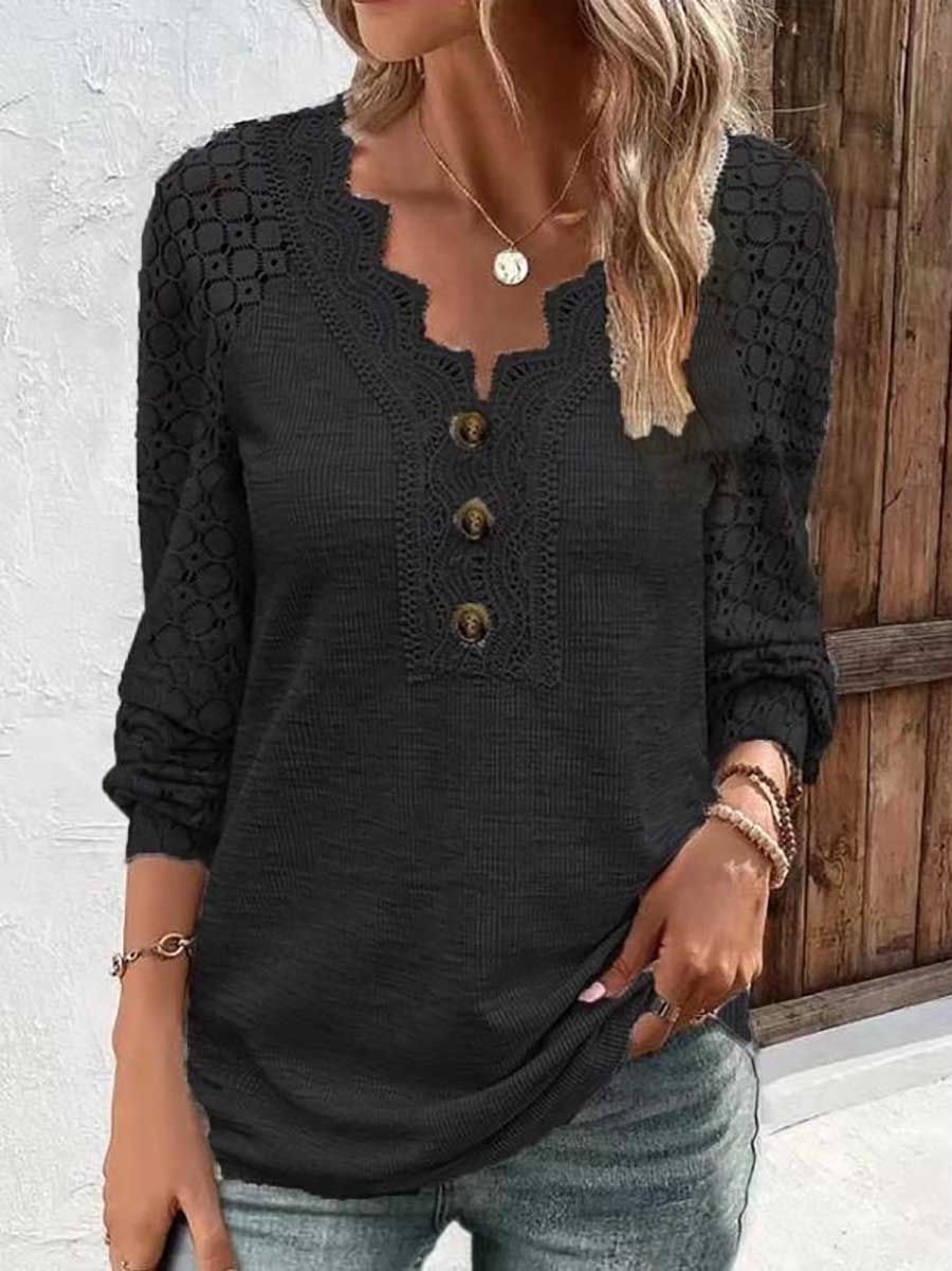 Bellevoga Comfortable Casual Lace Splicing V-Neck Pullover Top Women's T-Shirt