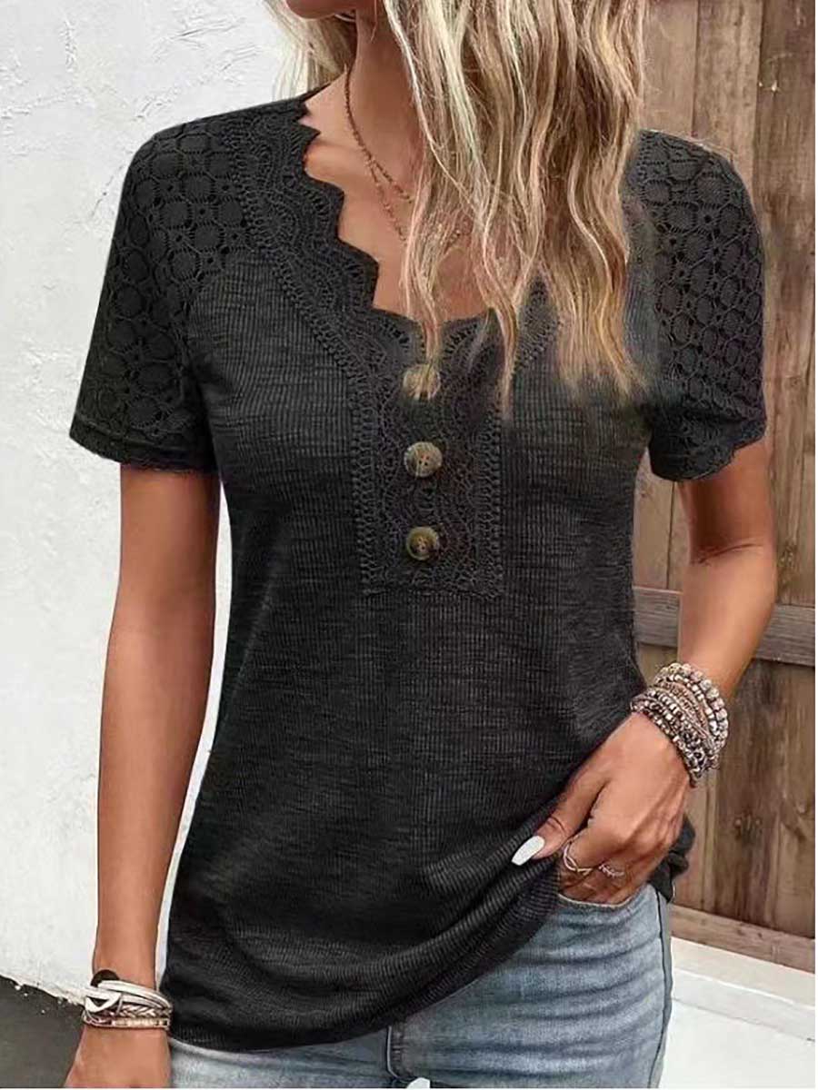 Bellevoga Comfortable Casual Lace Splicing V-Neck Pullover Top Women's T-Shirt