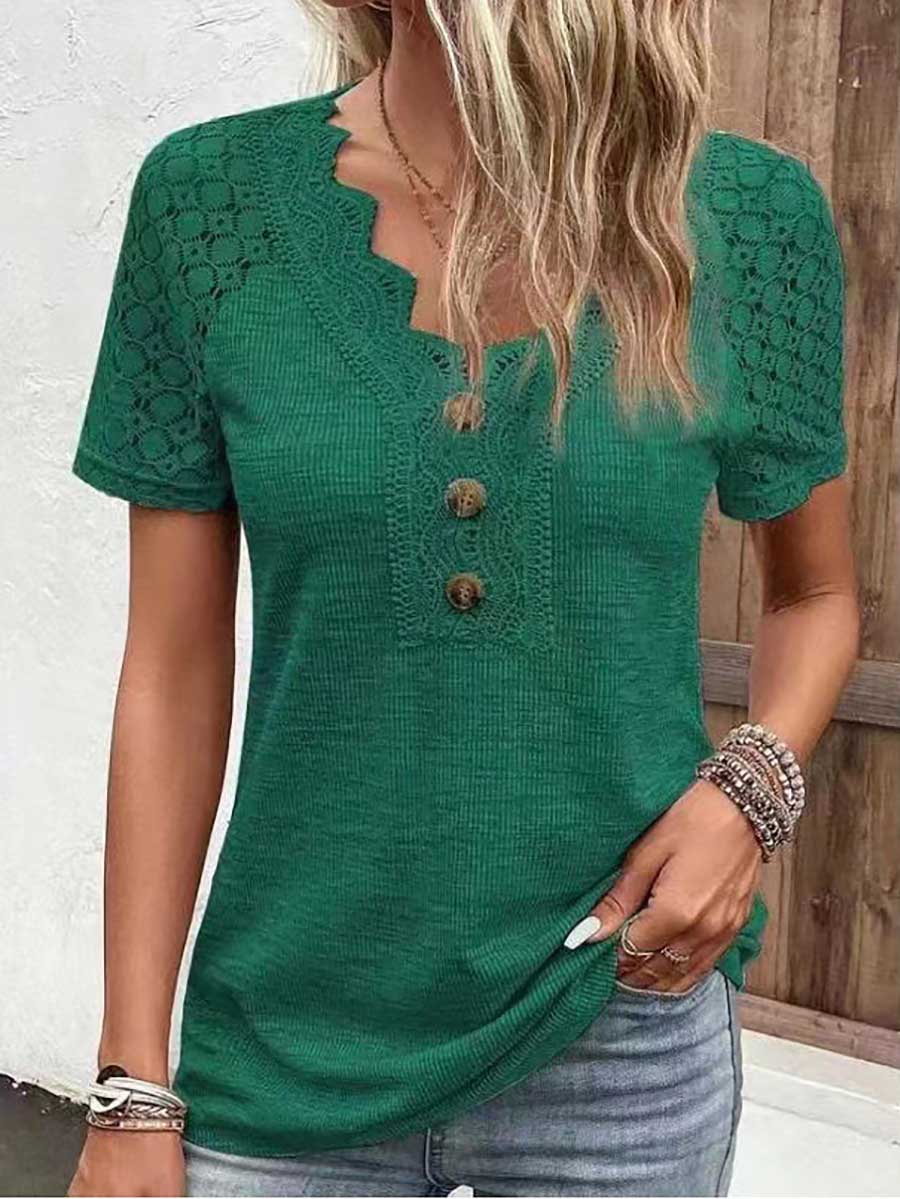 Bellevoga Comfortable Casual Lace Splicing V-Neck Pullover Top Women's T-Shirt