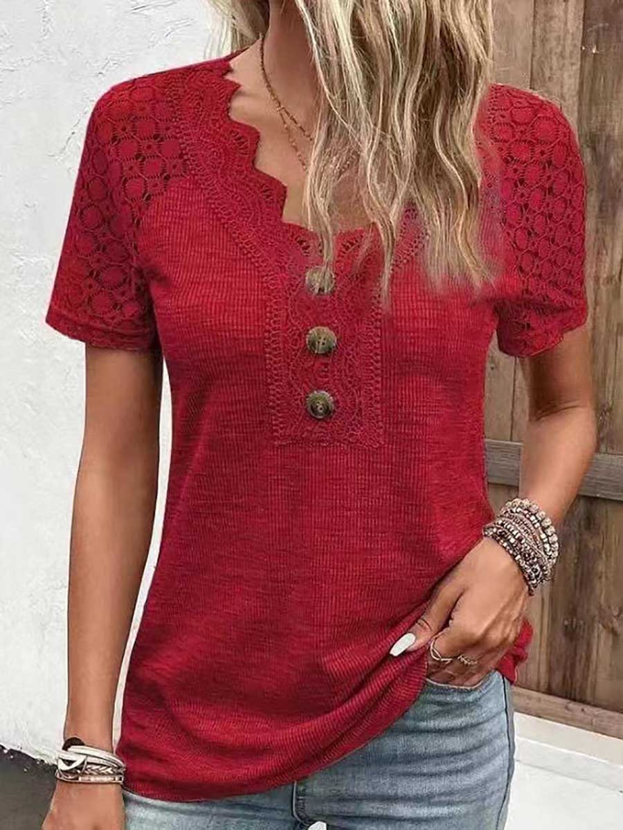 Bellevoga Comfortable Casual Lace Splicing V-Neck Pullover Top Women's T-Shirt