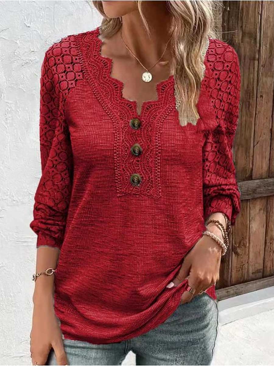 Bellevoga Comfortable Casual Lace Splicing V-Neck Pullover Top Women's T-Shirt