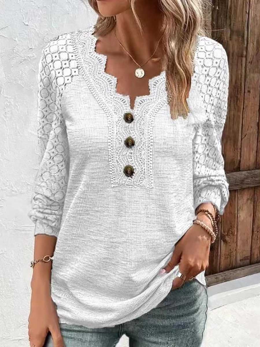 Bellevoga Comfortable Casual Lace Splicing V-Neck Pullover Top Women's T-Shirt