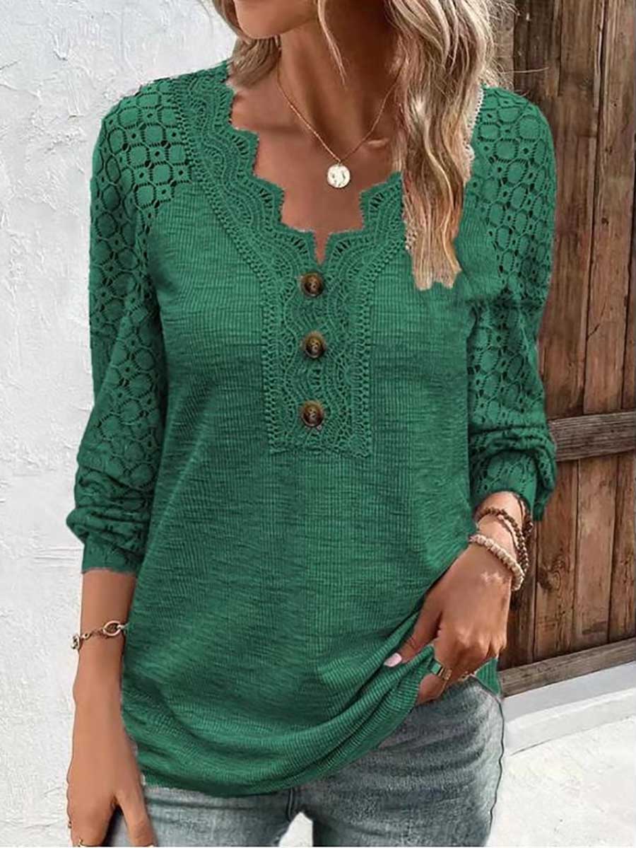 Bellevoga Comfortable Casual Lace Splicing V-Neck Pullover Top Women's T-Shirt