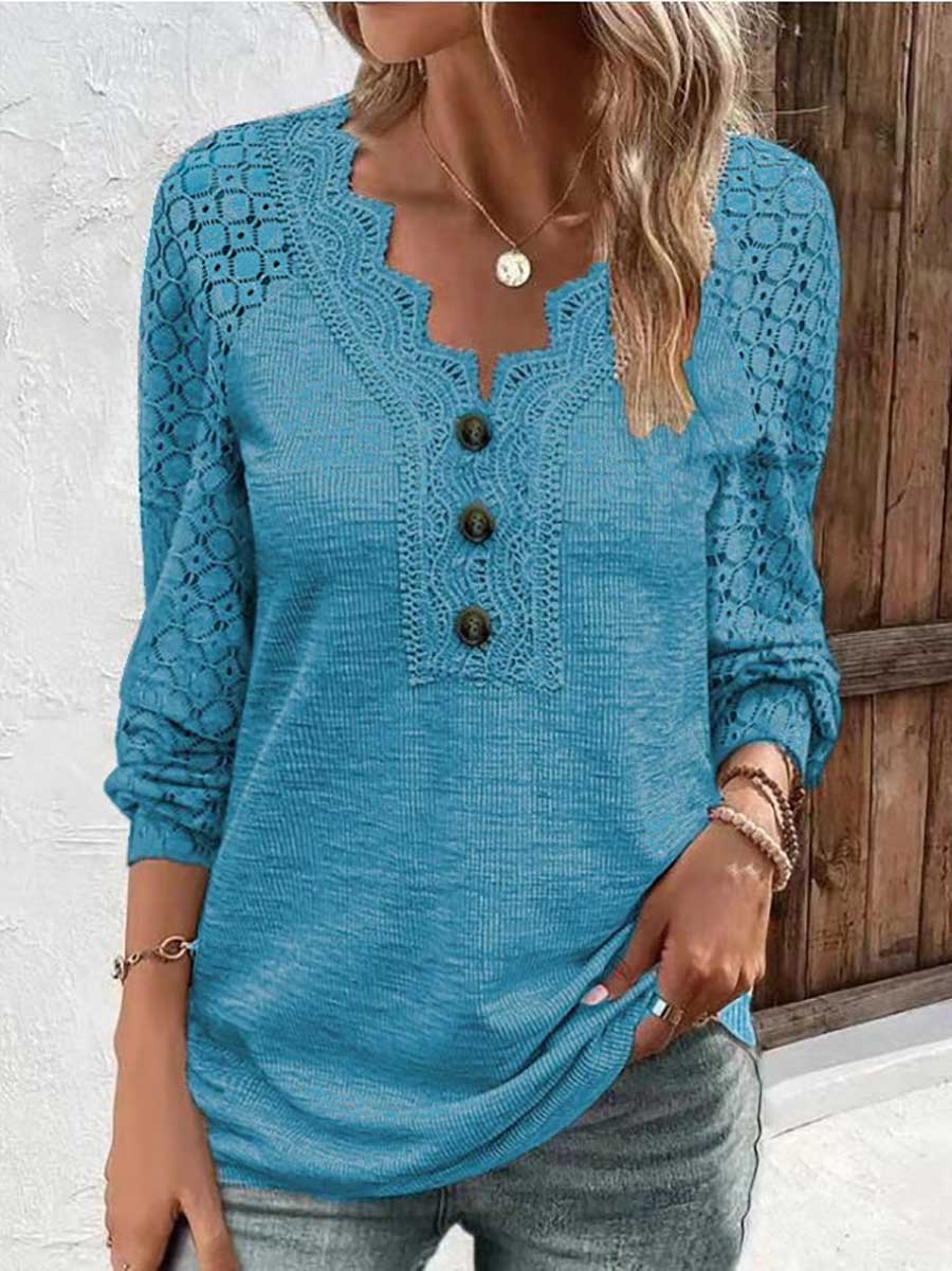 Bellevoga Comfortable Casual Lace Splicing V-Neck Pullover Top Women's T-Shirt