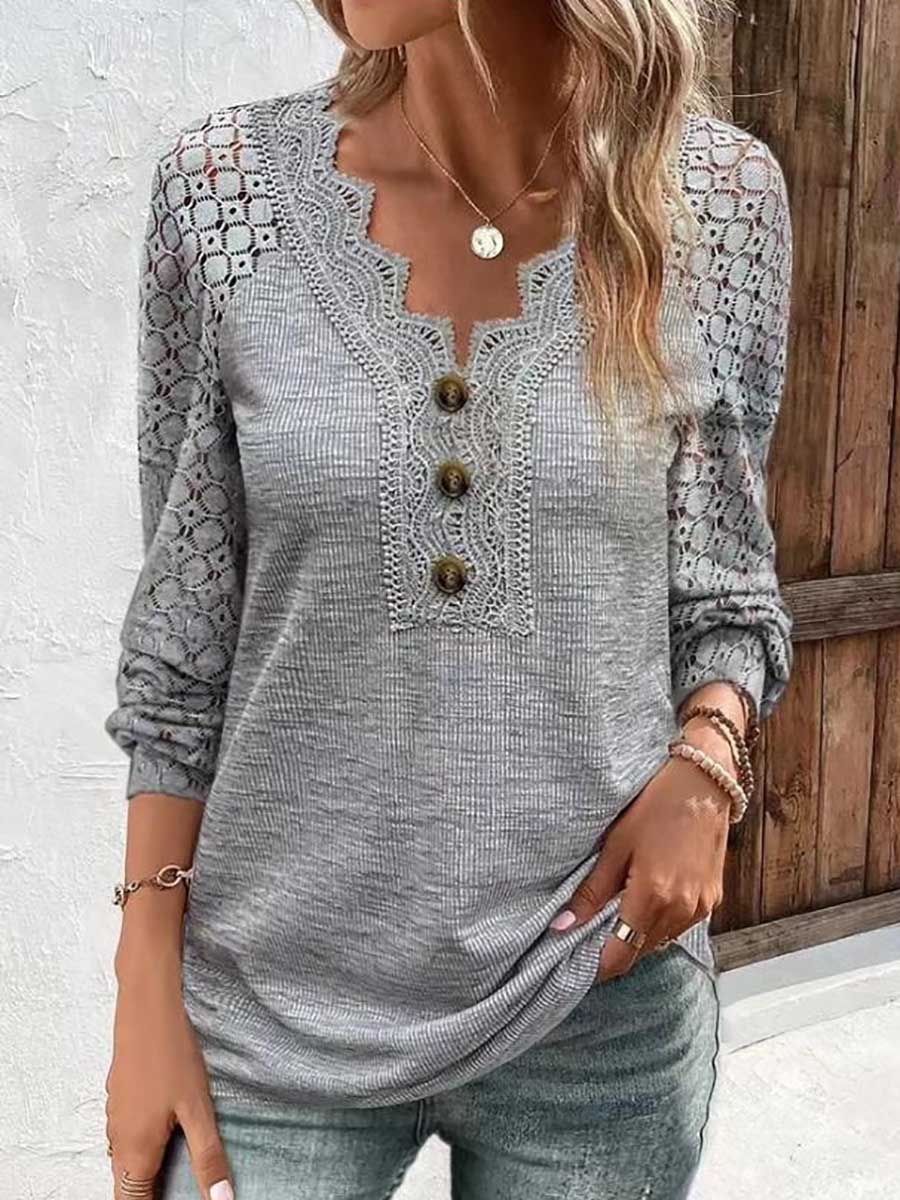 Bellevoga Comfortable Casual Lace Splicing V-Neck Pullover Top Women's T-Shirt