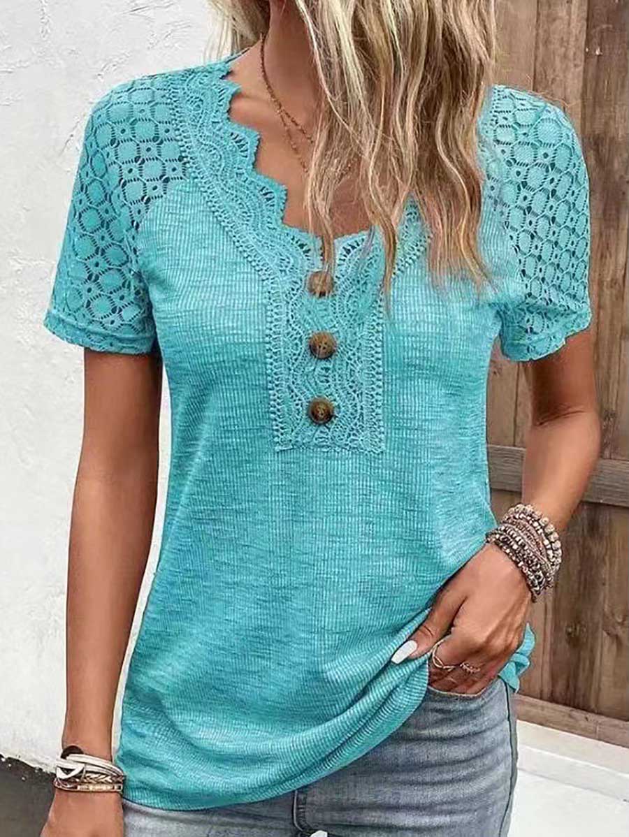 Bellevoga Comfortable Casual Lace Splicing V-Neck Pullover Top Women's T-Shirt